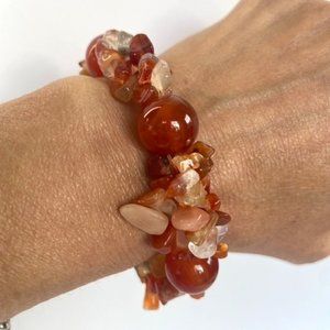 Carnelian & Agate Chips Beaded Stretch Bracelet Natural Stone Boho Round beads